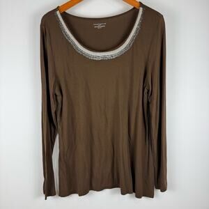 Charter Club Brown Metallic Beaded Scoop Neck Long Sleeved Top ~ XL